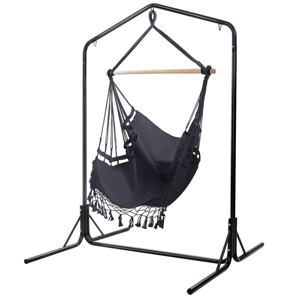 Tassel Hanging Rope Hammock Grey with Stand - 160cm x 140cm x 205cm