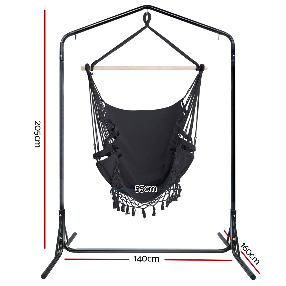 Tassel Hanging Rope Hammock Grey with Stand - 160cm x 140cm x 205cm