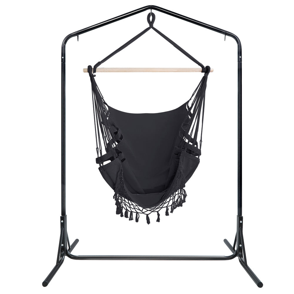 Tassel Hanging Rope Hammock Grey with Stand - 160cm x 140cm x 205cm