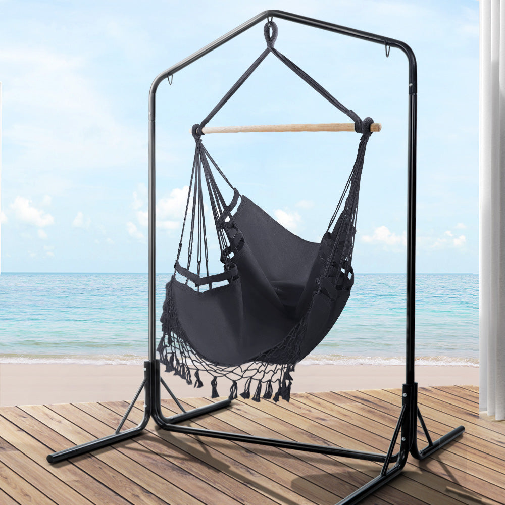 Tassel Hanging Rope Hammock Grey with Stand - 160cm x 140cm x 205cm