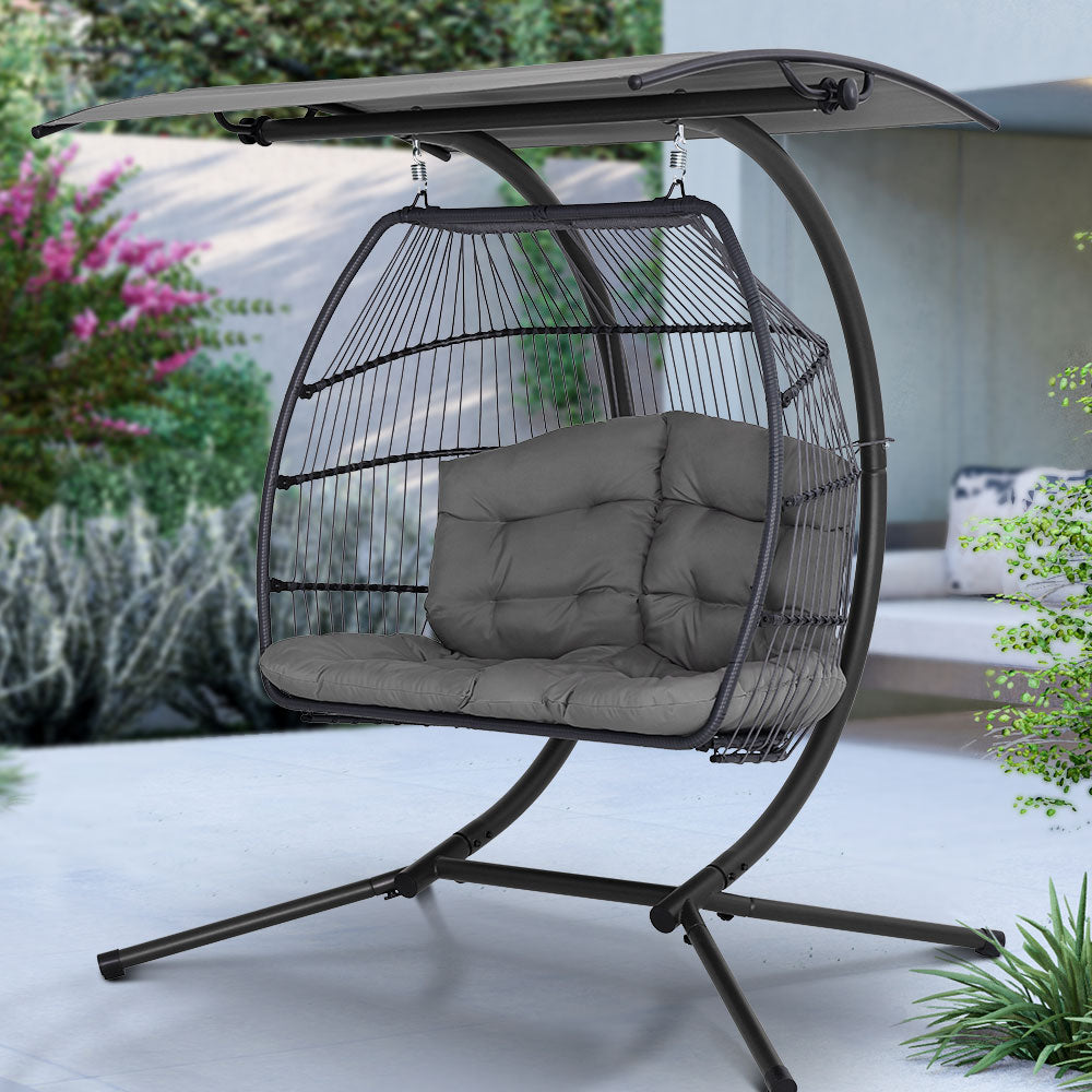 2 Seater Outdoor Wicker Hanging Pod Chair - Dark Grey