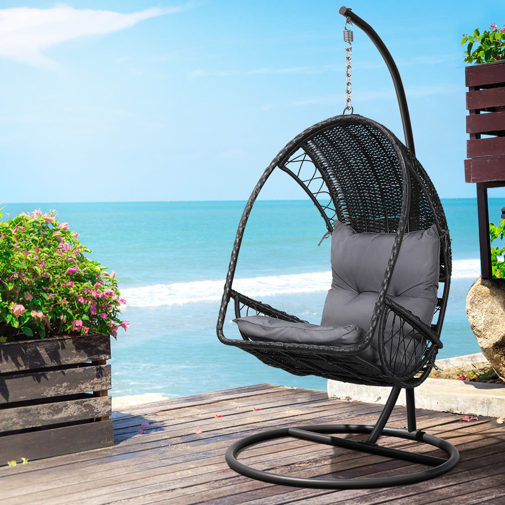 Indoor & Outdoor Egg Swing Chair with Stand and Cushion - Black