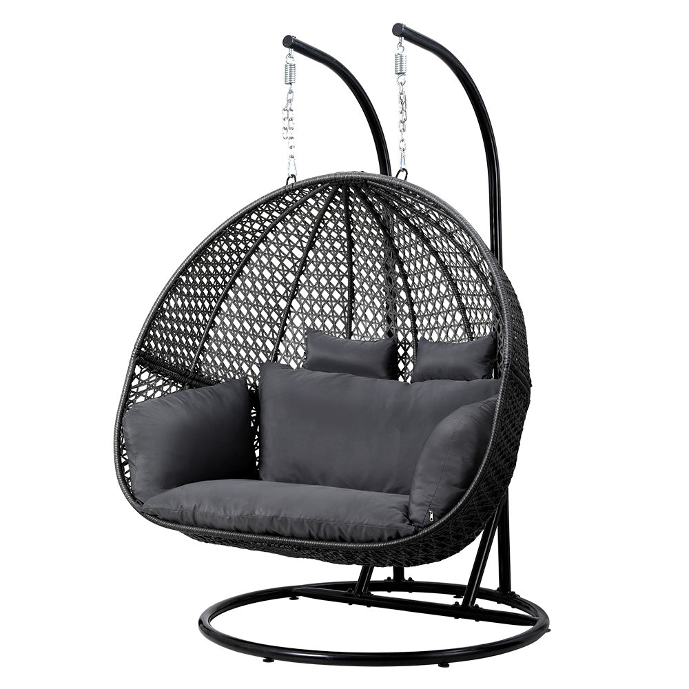 2 Seater Outdoor Wicker Hanging Pod Chair with Cushions - Black