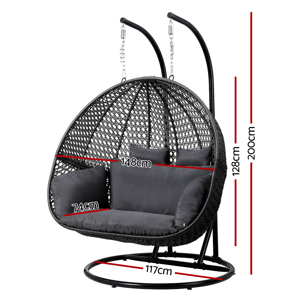 2 Seater Outdoor Wicker Hanging Pod Chair with Cushions - Black