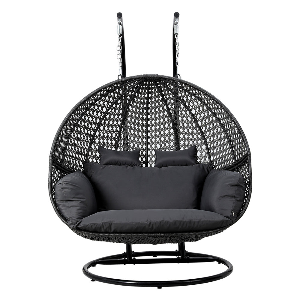 2 Seater Outdoor Wicker Hanging Pod Chair with Cushions - Black