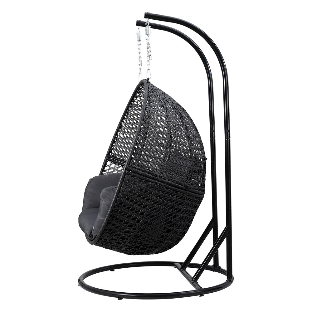 2 Seater Outdoor Wicker Hanging Pod Chair with Cushions - Black