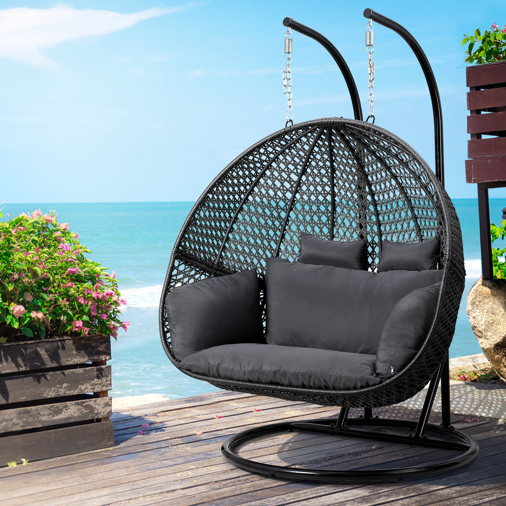 2 Seater Outdoor Wicker Hanging Pod Chair with Cushions - Black