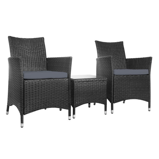 3 Piece Wicker Outdoor Furniture Set - Black