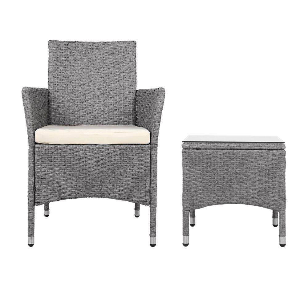 3 Piece Wicker Outdoor Chair Side Table Furniture Set - Grey