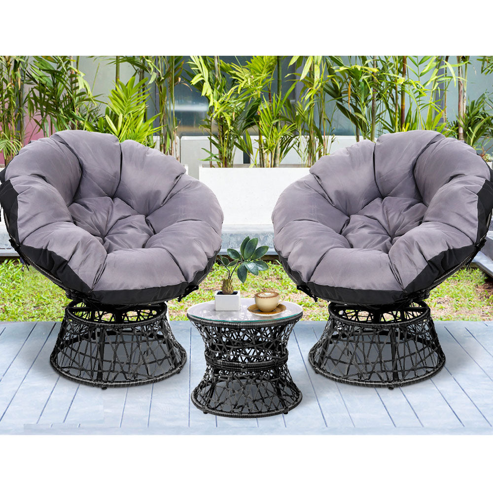 2 x Outdoor Papasan Chairs and Side Table - Black