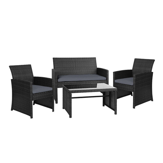 4 Outdoor Lounge Setting Rattan Patio Wicker - Black