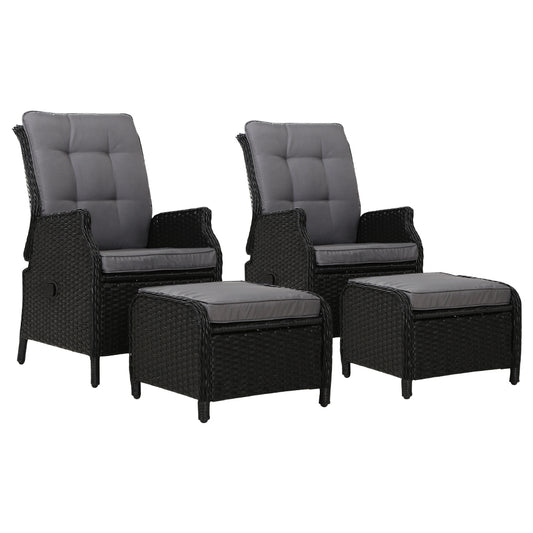 Mauritius Outdoor Black Recliner Chairs Sun lounge W/Ottomans - Light Grey Seat Cover