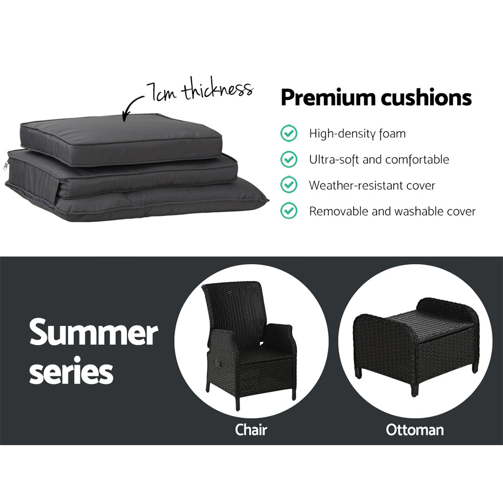 Mauritius Outdoor Black Recliner Chairs Sun lounge W/Ottomans - Light Grey Seat Cover