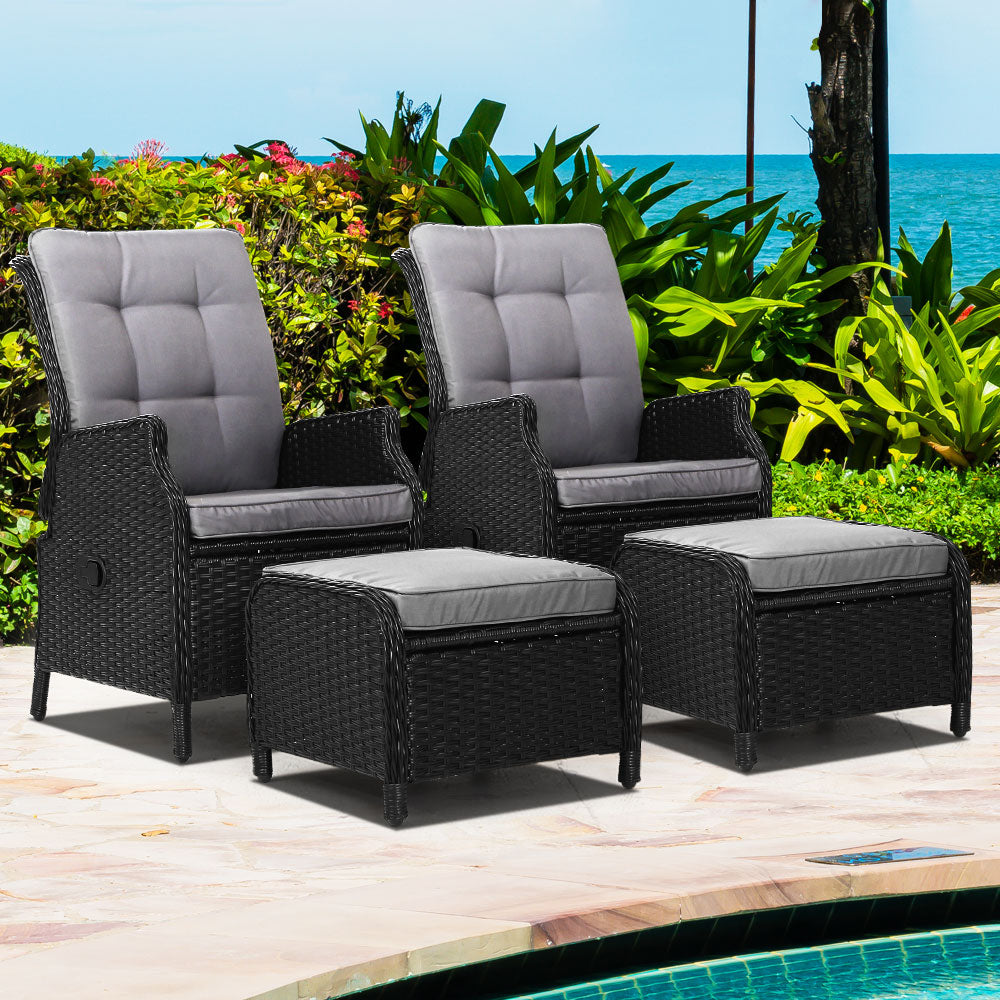 Mauritius Outdoor Black Recliner Chairs Sun lounge W/Ottomans - Light Grey Seat Cover