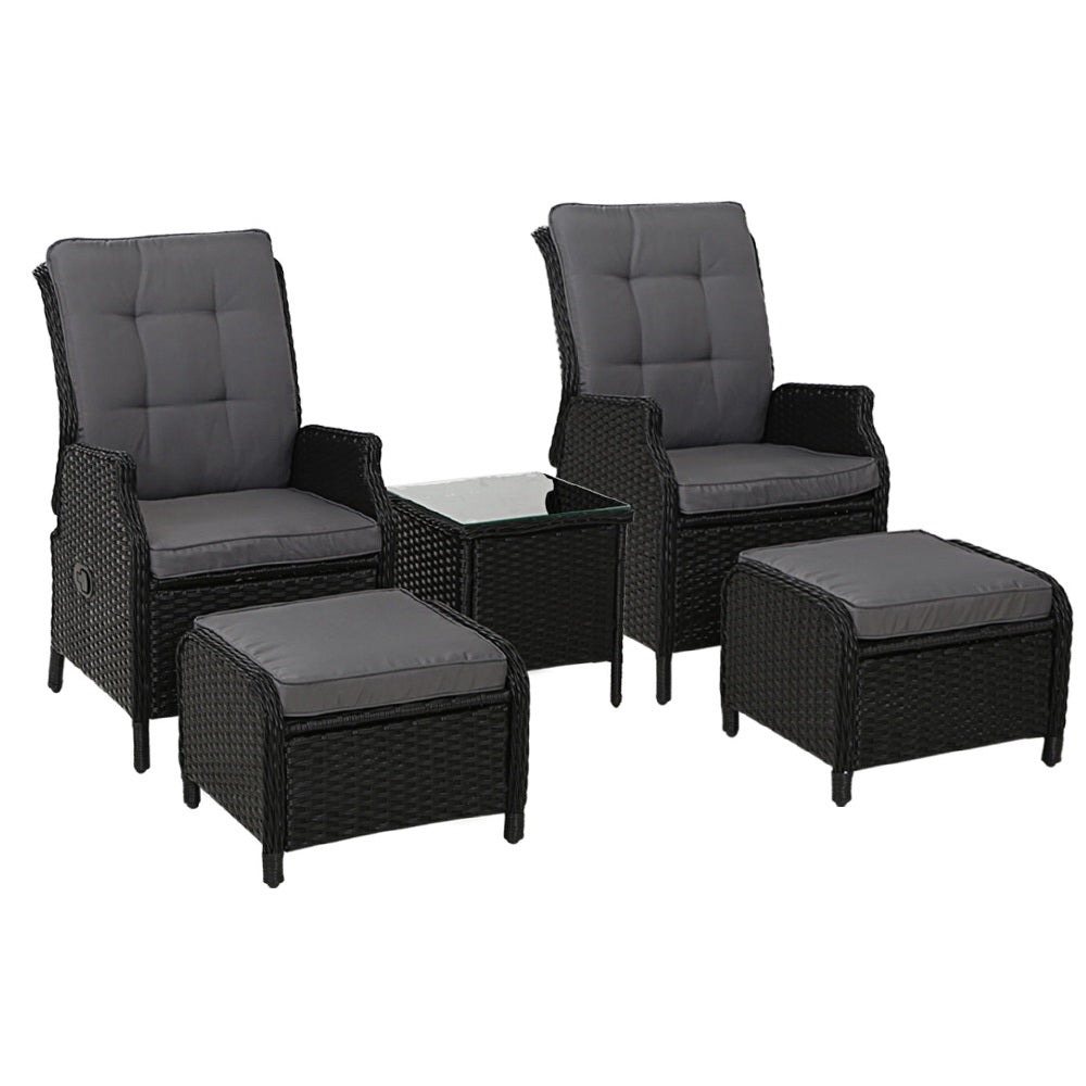 Mauritius Outdoor 5PC Black Recliner Chairs Sun Lounge Set W/Block Side Table