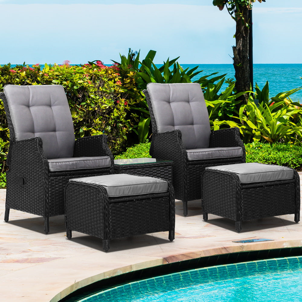 Mauritius Outdoor 5PC Black Recliner Chairs Sun Lounge Set W/Block Side Table