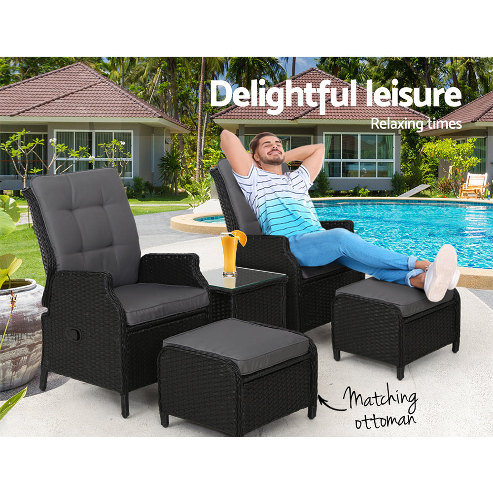 Mauritius Outdoor 5PC Black Recliner Chairs Sun Lounge Set W/Block Side Table