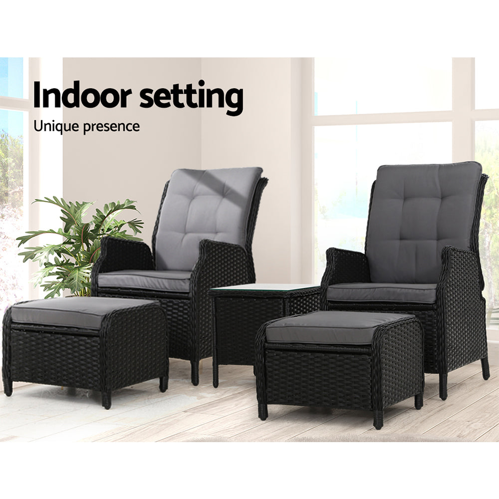 Mauritius Outdoor 5PC Black Recliner Chairs Sun Lounge Set W/Block Side Table