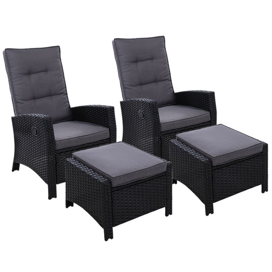 Mauritius Outdoor Black Recliner Chairs Sun lounge W/Ottomans - Dark Grey Seat Cover