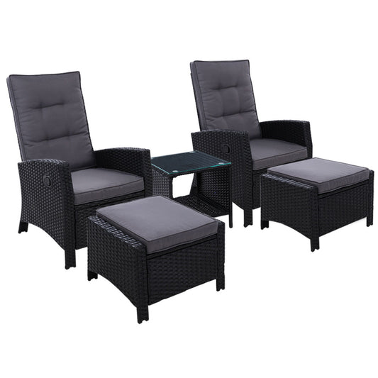 Mauritius Outdoor 5PC Black Recliner Chairs Sun Lounge Set W/Hollow Side Table