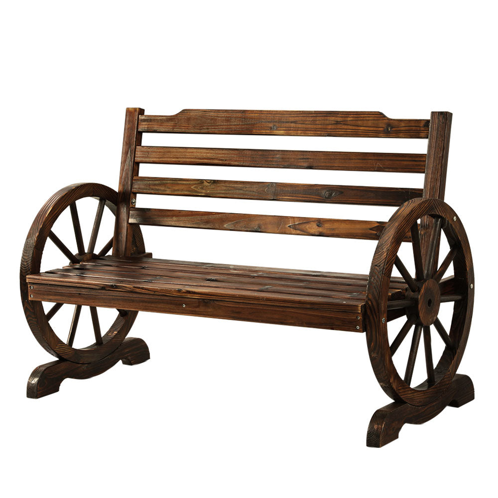 2 Seater Charcoal Brown Wagon Wheel Garden Bench - Fir Wood