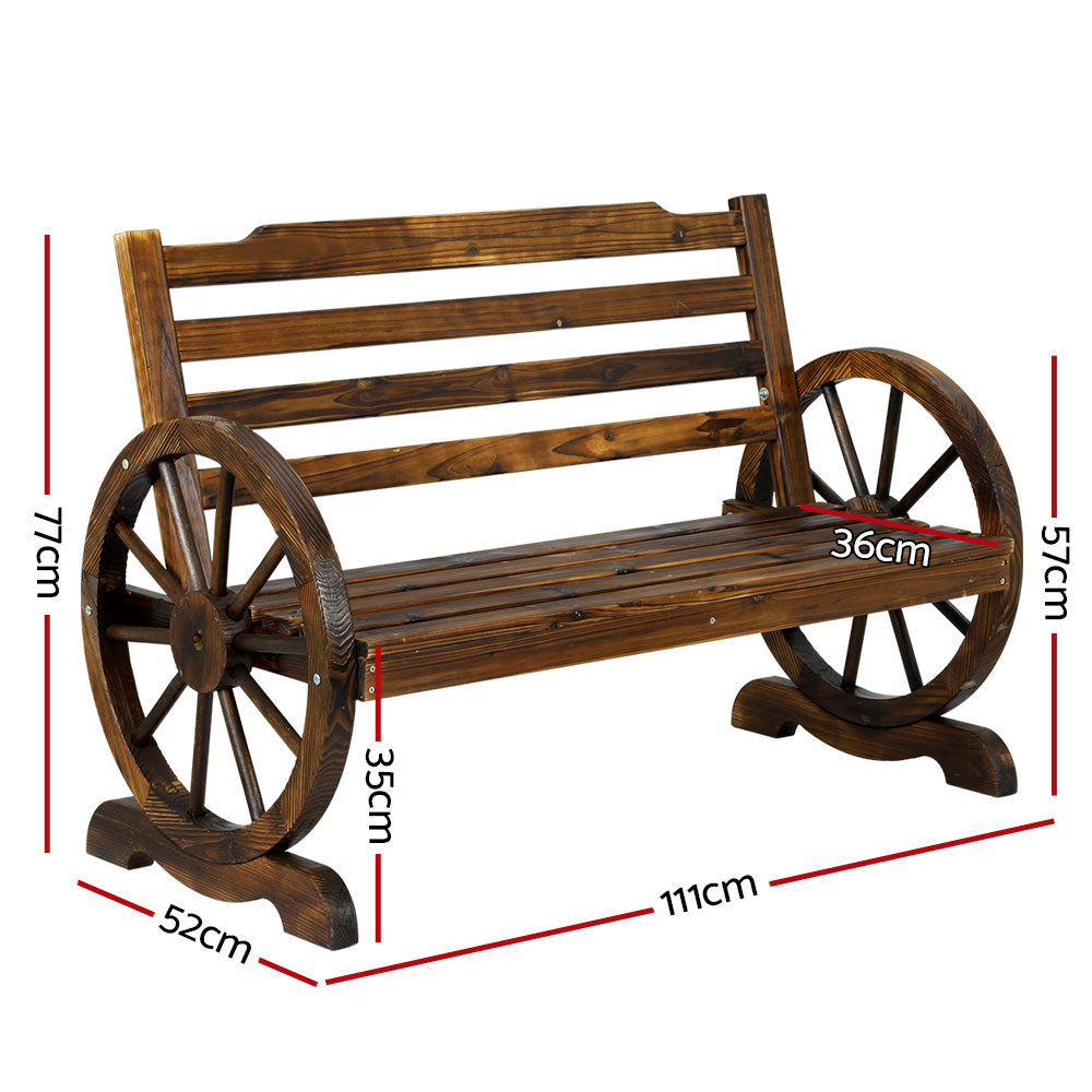 2 Seater Charcoal Brown Wagon Wheel Garden Bench - Fir Wood