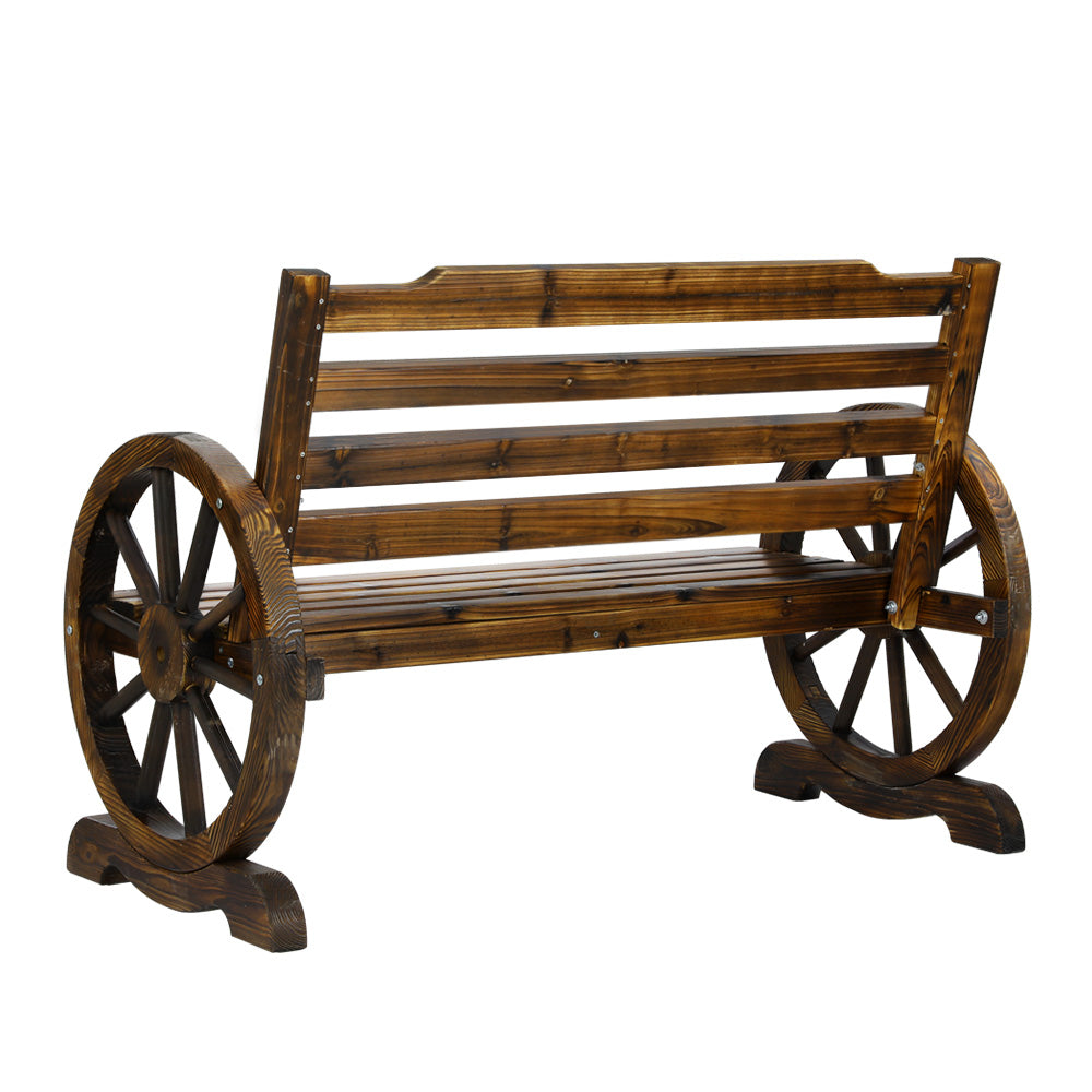 2 Seater Charcoal Brown Wagon Wheel Garden Bench - Fir Wood