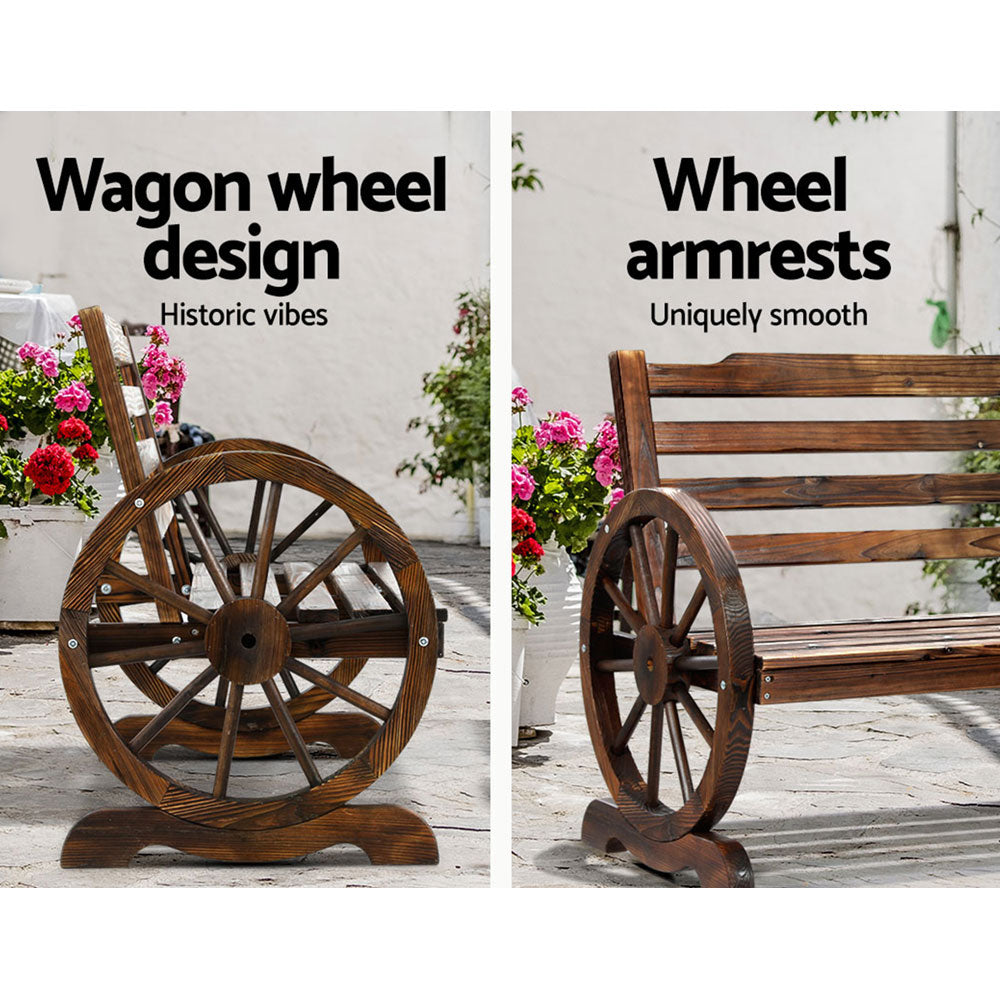 2 Seater Charcoal Brown Wagon Wheel Garden Bench - Fir Wood