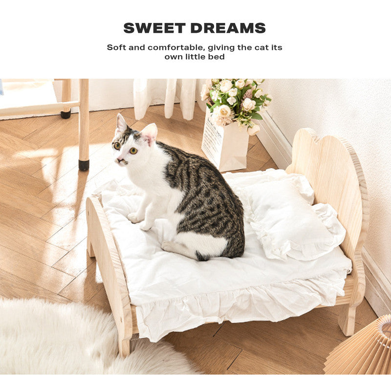 Solid Wooden Pet Frame Bed W/Pillow & Mattress